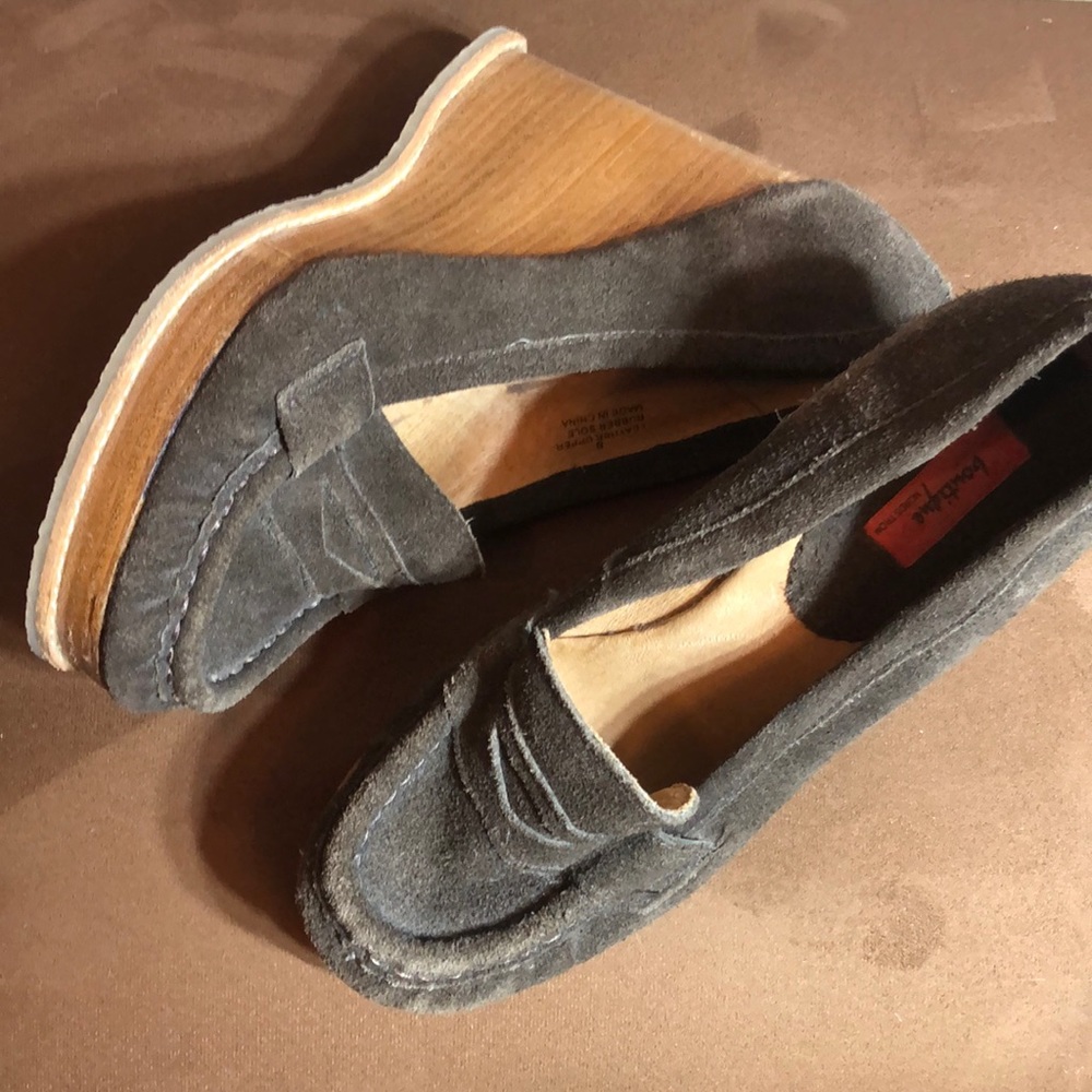 Brown suede leather loafer wedges wooden heel